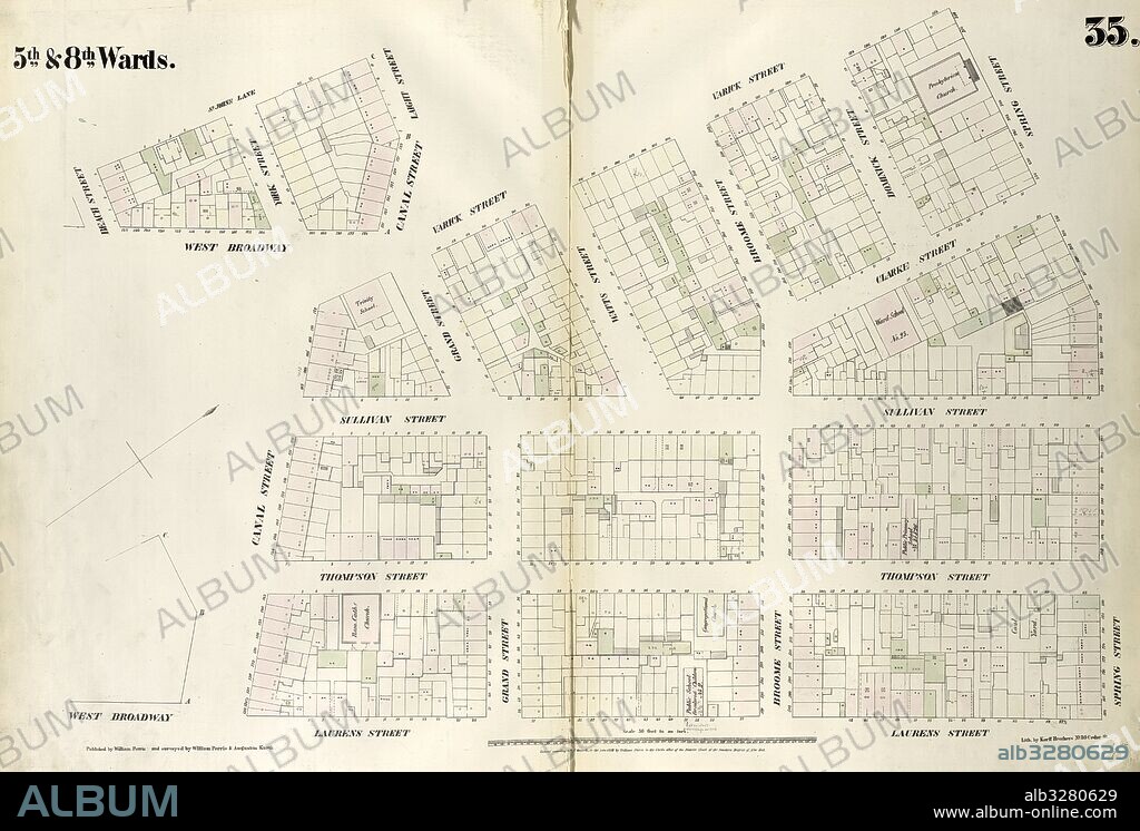 Plate 35: Map bounded by Spring Street, Laurens Street, Canal Street, West Broadway, Beach Street, St. John's Lane, Laight Street, Canal Street, Varick Street. 1852, 1854, William Perris, New York, N.Y., USA.