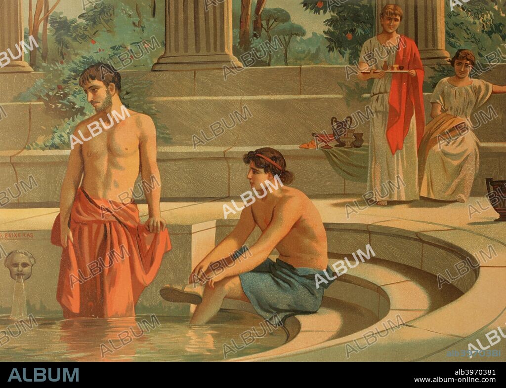 Mitología clásica. Pisístrato (hijo menor de Néstor) y Telémaco (hijo de Odiseo y Penélope) en el palacio de Menelao. Telémaco iba a buscar a su padre y Néstor mandó a Pisístrato que lo acompañara hasta el Palacio de Helena y Menelao, en Esparta (era Micénica). Dibujo por Dionisio Baixeras (1862-1943). Cromolitografía. La Civilización, tomo II, 1881. Biblioteca Histórico Militar de Barcelona, Cataluña, España.