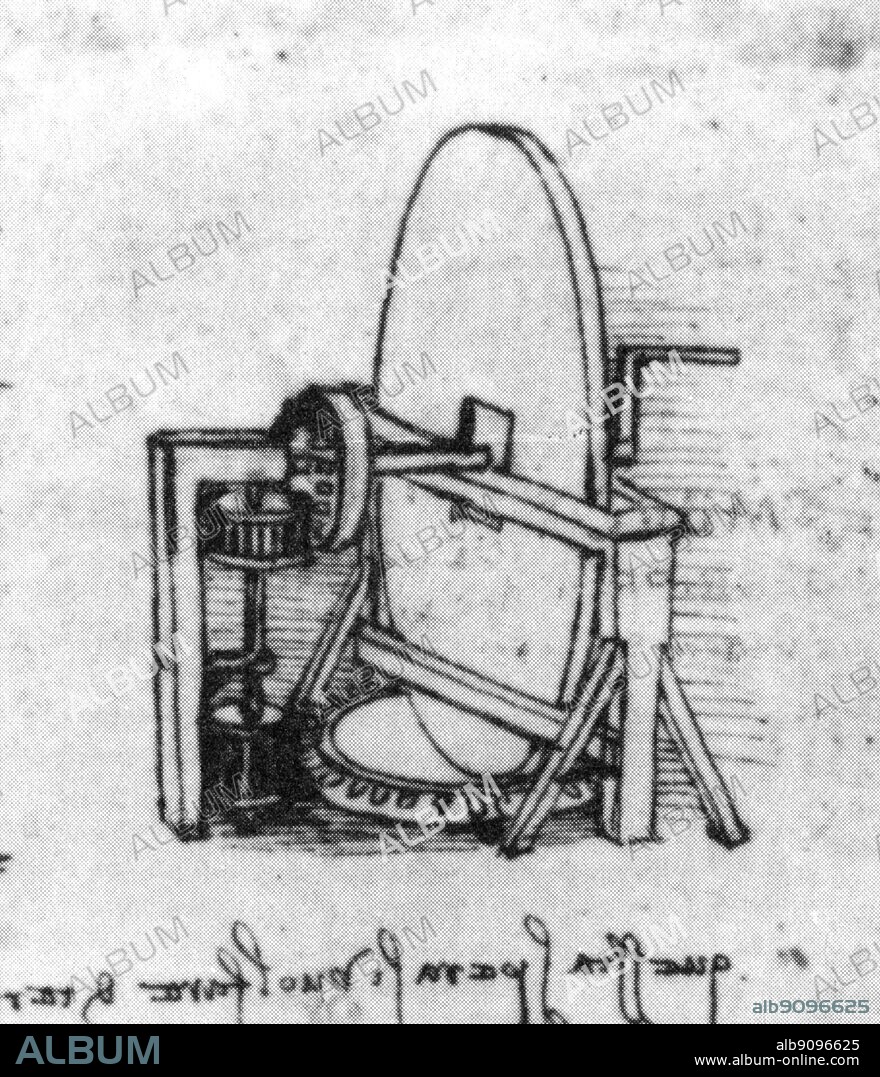 When the handle of the lens grinder is turned, both grindstone and lens revolve at different speeds. Leonardo da Vinci (1452-1519) was an Italian Renaissance architect, musician, anatomist, inventor, engineer, sculptor, geometer and painter.