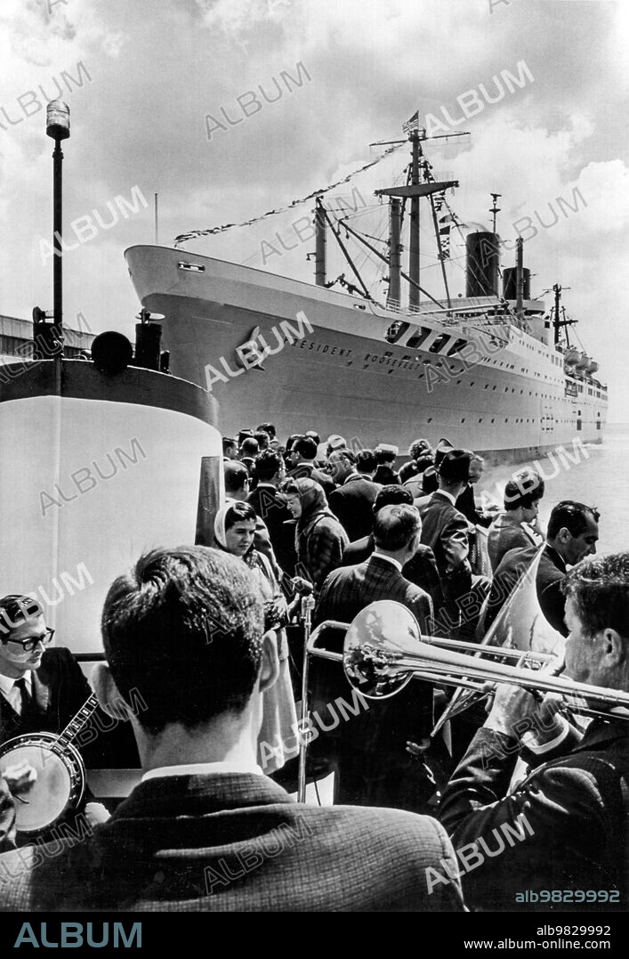 San Francisco, California May 10, 1962, The SS President Roosevelt is given a royal sendoff with a jazz band on the harbor escort boat. The luxury liner's maiden cruise is to Los Angeles.