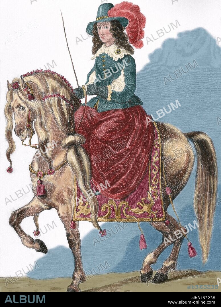 Archduchess Cecilia Renata of Austria (1611-1644). Queen of Poland as consort to the Polish-Lithuanian Commonwealth's King W_adys_aw IV Vasa. Equestrian portrait. Engraving by Lafon, 1850. Colored.