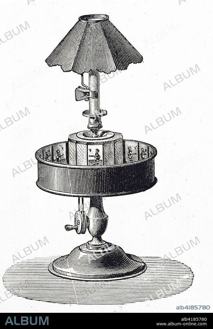 Engraving depicting Charles-Émile Reynaud's praxinoscope. A painted strip with figures was placed inside the circumference of the drum which was rotated. The image reflected in the mirrors in the centre of the apparatus gave the impression of a continuous moving picture. Charles-Émile Reynaud (1844-1918) a French inventor. Dated 19th century.