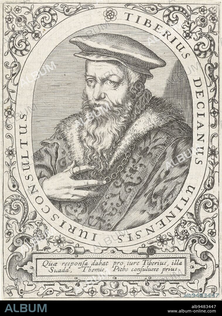 Portrait of the jurist Tiberio Deciano, in oval with edge lettering Below the portrait a cartouche with a Latin verse, Portrait of Tiberio Deciano Tiberius Decianus , print maker: Cornelis Galle (I), Jean Jacques Boissard, (possibly), unknown, c. 1597 - c. 1599, paper, engraving, h 140 mm × w 100 mm.