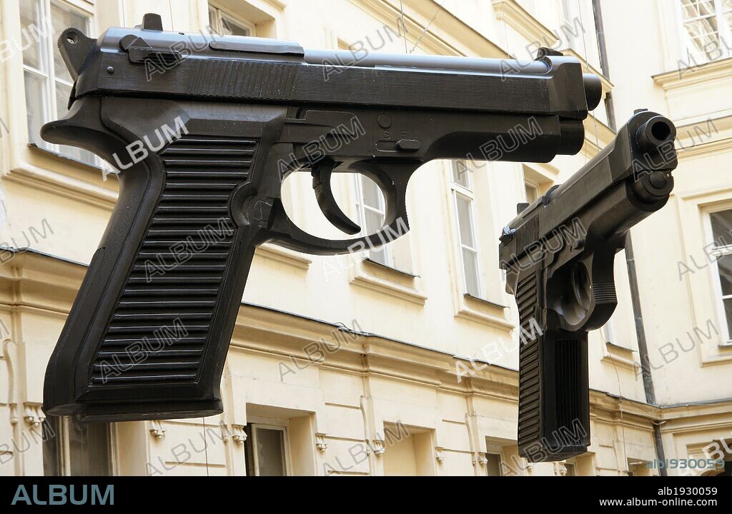 Artbanka Museum of Art Young (AMOYA). Giant guns in a courtyard. By the Czech sculptor David Cerny (1967). Prague. Czech Republic.