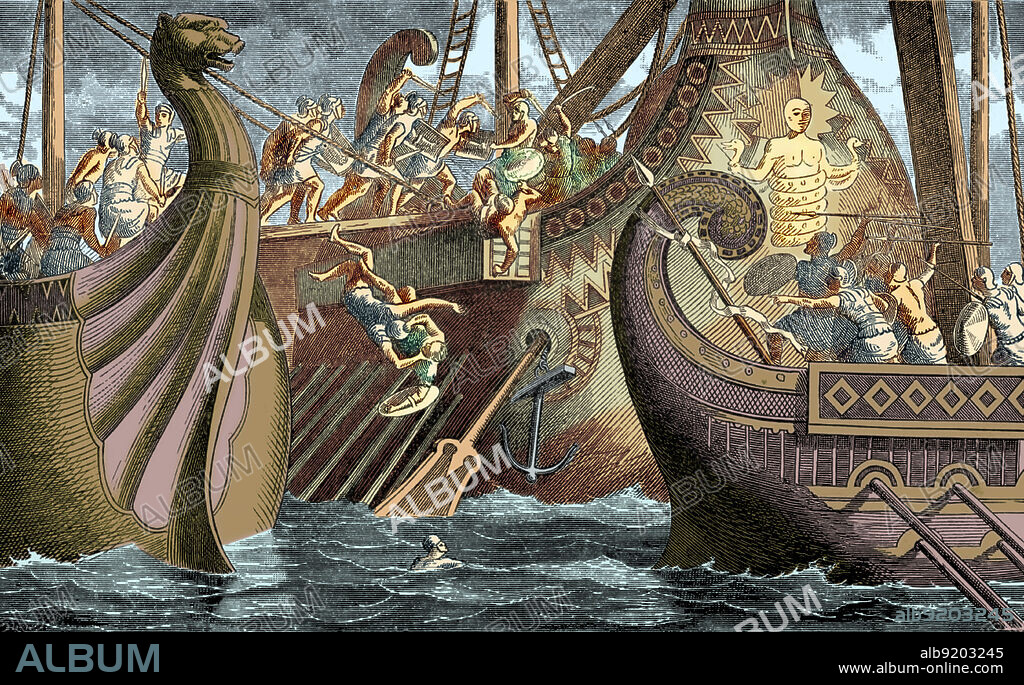 Colorized illustration depicts The Battle of Cape Ecnomus, 256 BC. This Punic War naval battle, possibly the largest naval battle in history, took place off southern Sicily between the fleets of Carthage and the Roman Republic. The Carthaginians took the initiative and the battle devolved into three separate conflicts. After a prolonged and confused day of fighting, the Carthaginians were decisively defeated, losing 30 ships sunk and 64 captured to Roman losses of 24 ships sunk. After an engraving from Naval Battles, Ancient and Modern by Edward Shippen, 1883.
