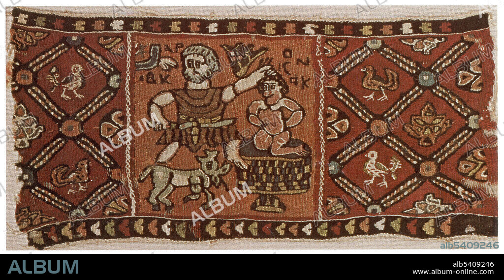 The sacrifice of Isaac by Abraham. Coptic is an Afro-Asiatic language descended from ancient Egyptian and used as the liturgical language of the Coptic church. A coptic tapestry weaving of the 5th century AD reflecting Byzantine influence, It is 12 x 26 cm in size.