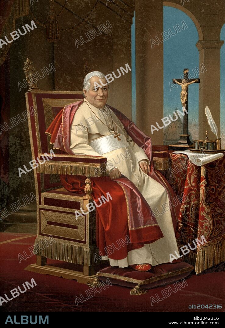 Hechos e historia del concilio ecuménico de Roma, primero del Vaticano (1869-1870), por Victor Frond (1821-1881). Retrato del papa Pio IX. Grabado de 1871.