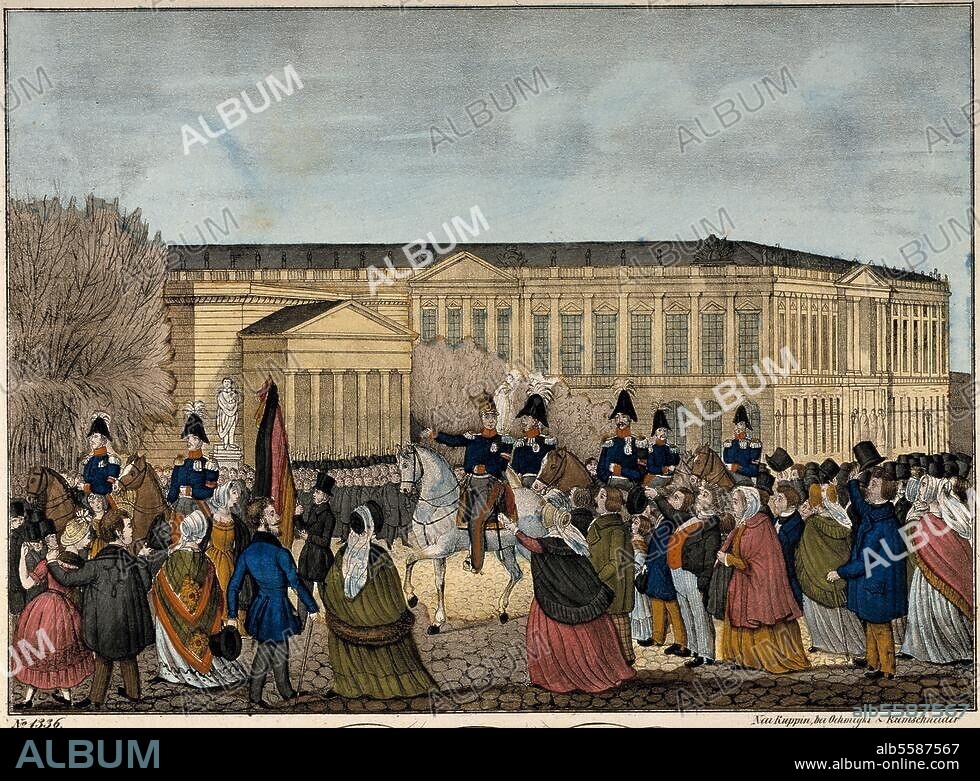 ANONYME. Révolution 1848/49: Révolution de mars à Berlin. Le roi Frédéric-Guillaume IV se promène à cheval avec le drapeau noir-rouge-or le 21 mars 1848. "Cortège du roi de Prusse". Litho. d'époque, coloriée. Neuruppiner Bilderbogen. Berlin, Landesarchiv.