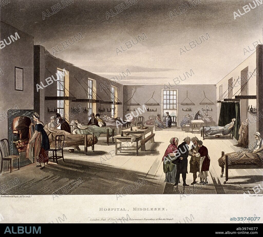 Interior view of a women's ward at Middlesex Hospital in Mortimer Street, Marylebone, London, 1808.