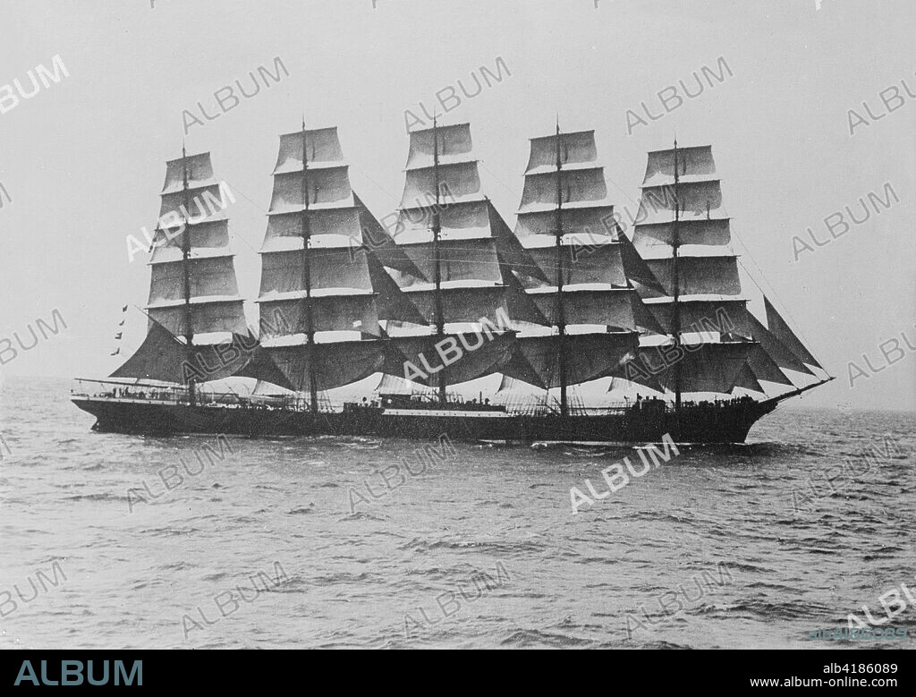 The five masted windjammer cargo ship 'Preussen' under sail.