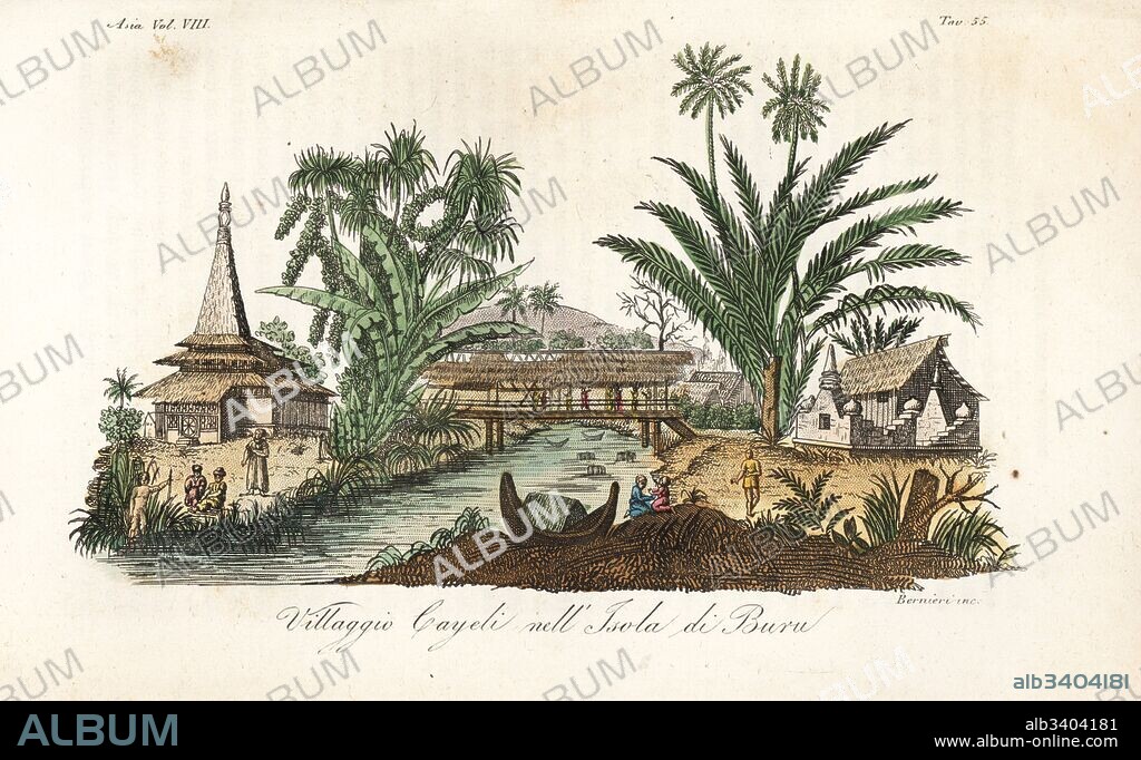 Kayeli village on Buru island, Maluku Islands, Indonesia. Handcoloured copperplate engraved by Andrea Bernieri from Giulio Ferrario's Ancient and Modern Costumes of all the Peoples of the World, Florence, Italy, 1844.