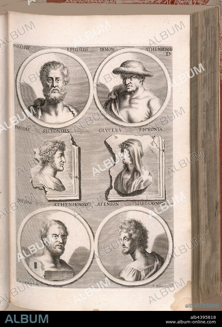 Parasius Ephesus Devils Athens whitest Sicyonian Glycerius Sicyonian, Nicias Athens Atenion Maronaeensis, Portrait of Parrhasios of Ephesus, Demon of Athens, Pausias of Sikyon, Glycera of Sicyonia, Nikias, Athenion, Date Appreciated, Signed: J. v. Chr., Sandrart del, P. Kilian s, Fig. 4, D, after p. 64, Sandrart, Joachim von (del.); Kilian, Philipp (sc.), 1774, Joachim von Sandrart:Teutsche Academie der Bau- Bildhauer- und Maler-Kunst: worinn die Regeln und Lehrsätze dieser Künste gegeben, nicht weniger zu mehrerer Erläuterung die besten Exempel der alten und neuen Künstler in Kupfer beygefüget worden, wie solche in Rom auf das genaueste abgezeichnet sind: nebst den Lebensbeschreibungen der besten griechischen, römischen und neuen Künstler, ingleichen der Anzeige ihrer vornehmsten Werke. Nürnberg: verlegt in der Johann Andreas Endterischen Handlung, 1768-1775.