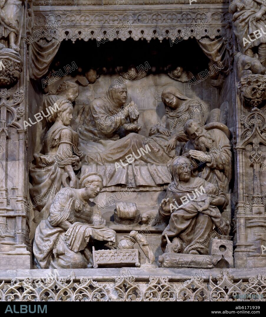 DAMIAN FORMENT CABOT. INTERIOR-RETABLO MAYOR-1509-DET NACIMIENTO DE LA VIRGEN.