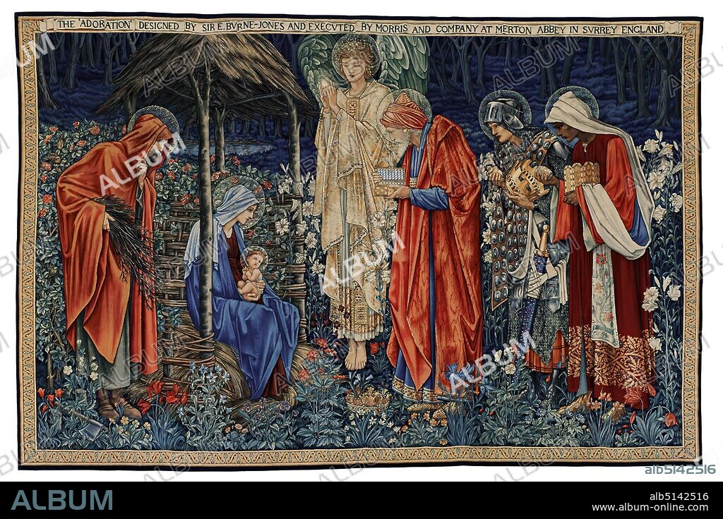 Edward Burne-Jones, Morris & Co, John Henry Dearle, Tapestry Adoration of the Kings, Acquired at the World Exhibition in Paris 1900, cotton, Total: Height: 255.00 cm; Width: 382.00 cm, Ref. in upper margin: THE 'ADORATION' DESIGNED BY SIR E. BVRNE-JONES AND EXECVTED BY MORRIS AND COMPANY AT MERTON ABBEY IN SVRREY ENGLAND, Tapestries, Adoration by the Magi, Angels (Christian religion), Holy Family, Magi, Flowers, Art Nouveau, Pre-Raphaelites, The image was created by the Pre-Raphaelite Edward Burne-Jones, Flower Meadow, background and border by John Henry Dearle were added by Morris & Co. Especially the elaboration of the robes with gold-knitted fabrics and shimmering jewelry testify to the mastery of the weavers. The tapestry was designed for the chapel of Exeter College, Oxford.