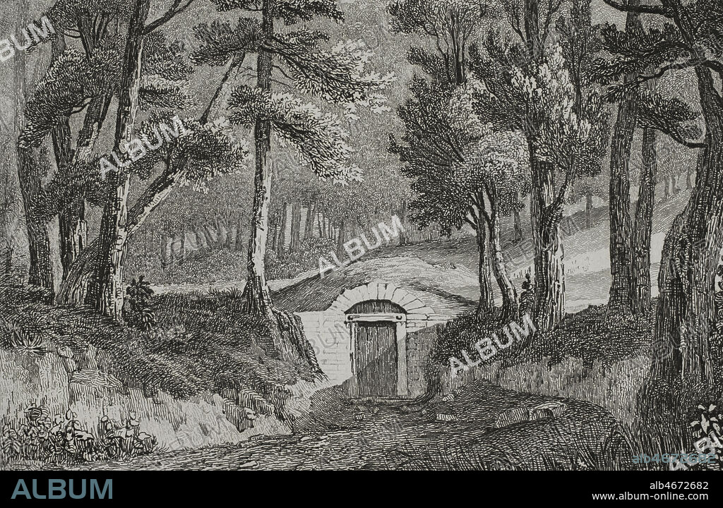 Estados Unidos. Sepulcro de George Washington (1732-1799), en la finca familiar de Mount Vernon (Virginia), donde fué enterrado inicialmente. Grabado por Danvin y E. Lejeune. Panorama Universal. Historia de los Estados Unidos de América, por Roux de Rochelle. Edición española, impresa en Barcelona,1850.