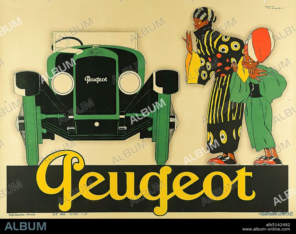 René Vincent, Peugeot, Lithography, Total: Height: 117,5 cm; Width: 157,5 cm, signed: recto top right in the printing form: Renee Vincent, product advertising (posters), car, automobile, African, folk costume, regional costume, fashion, clothing, headgear, turban, peoples and nationalities, Art Déco.