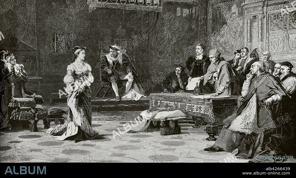 Catherine of Aragon (1485-1536). Queen consort of England (1509-1533). First wife of King Henry VIII. The trial of Queen Catherine on June 21, 1529. Engraving after a painting by Laslett J. Pott (1837-1898). La Ilustracion Espa–ola y Americana, 1881.