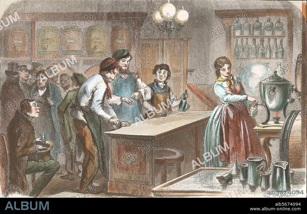 LUDWIG LÖFFLER. Gastronomie / Branntweinausschank. "Eine berliner Destillation". Holzstich, um 1860, nach Zeichnung von Ludwig Löffler (1819-1876). spätere Kolorierung. Berlin, Sammlung Archiv für Kunst und Geschichte.