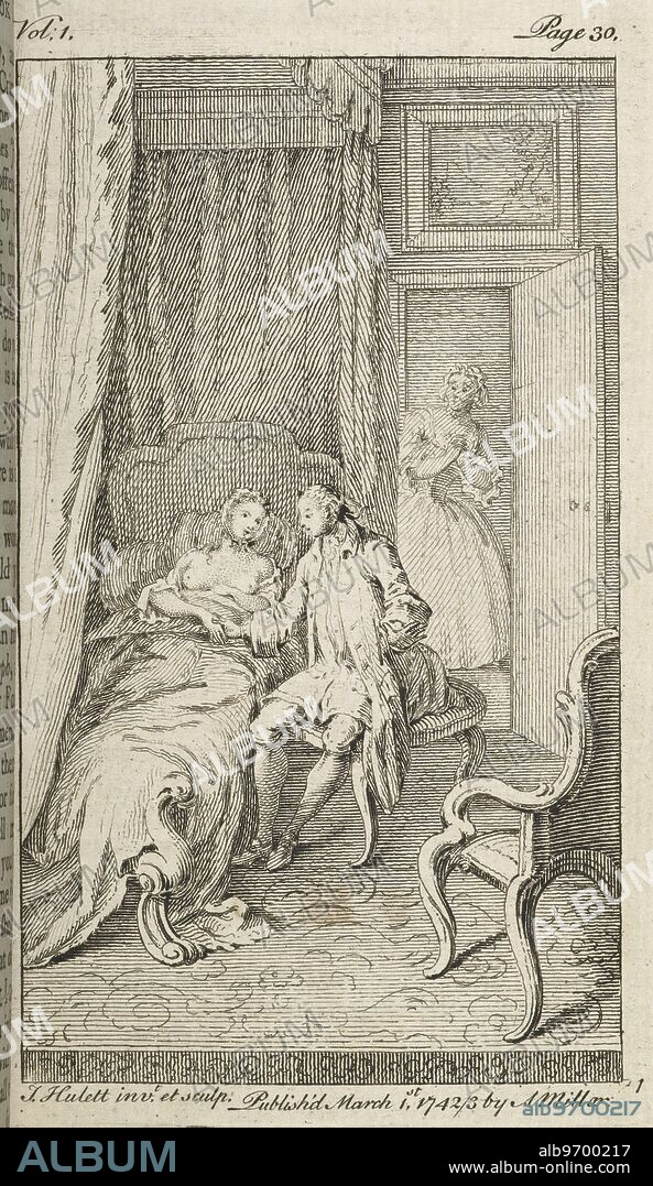 An illustration from the bawdy picaresque novel of Joseph Andrews by Henry Fielding. An attempt at seduction. Bare breasted woman and a man.