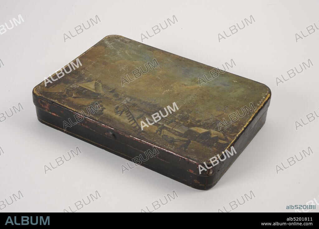 tobacco box, Anonymous, first half 19th century, painted, General: 3.3 x 17.4 x 12.4cm (33 x 174 x 124mm), skates, windmill, winter landscape, house, sled, child, Tobacco box with hinged lid, from painted tin with the image of a winter landscape on the lid. On the right are three windmills and some houses. People are skating in the foreground and in the background; in the foreground are also people with a sled. A label is printed on the inside Collection Mr. J. Van Buttingha Wichers., 1891.