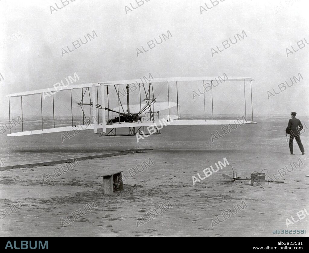 The Wright Brothers' First Heavier-than-air Flight. On December 17, 1903, at 10:30 am at Kitty Hawk, North Carolina, this airplane rose for a few seconds to make the first powered, heavier-than-air controlled flight in history. The first flight lasted 12 seconds and flew a distance of 120 feet. Orville Wright piloted the historic flight while his brother, Wilbur, observed. The brothers took three other flights that day, each flight lasting longer than the other with the final flight going a distance of 852 feet in 59 seconds. This flight was the culmination of a number of years of research on gliders. After the successful flights of December 17, 1903, Orville and Wilbur continued to perfect their plane. In 1909 the Army Signal Corps purchased a Wright Flyer, creating the first military airplane.