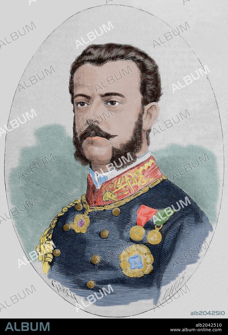 Amadeo Fernando María de Saboya (1845-1890). Rey de España entre 1870 y 1873 con el nombre de Amadeo I, llamado el Rey Caballero, y primer duque de Aosta. Su reinado duró poco más de dos años, con una gran inestabilidad política. Durante su reinado se dieron los movimientos independentista en Cuba, que había comenzado en 1868, y una nueva Guerra Carlista, iniciada en 1872. Grabado coloreado. "La Ilustración Española y Americana", 1870.