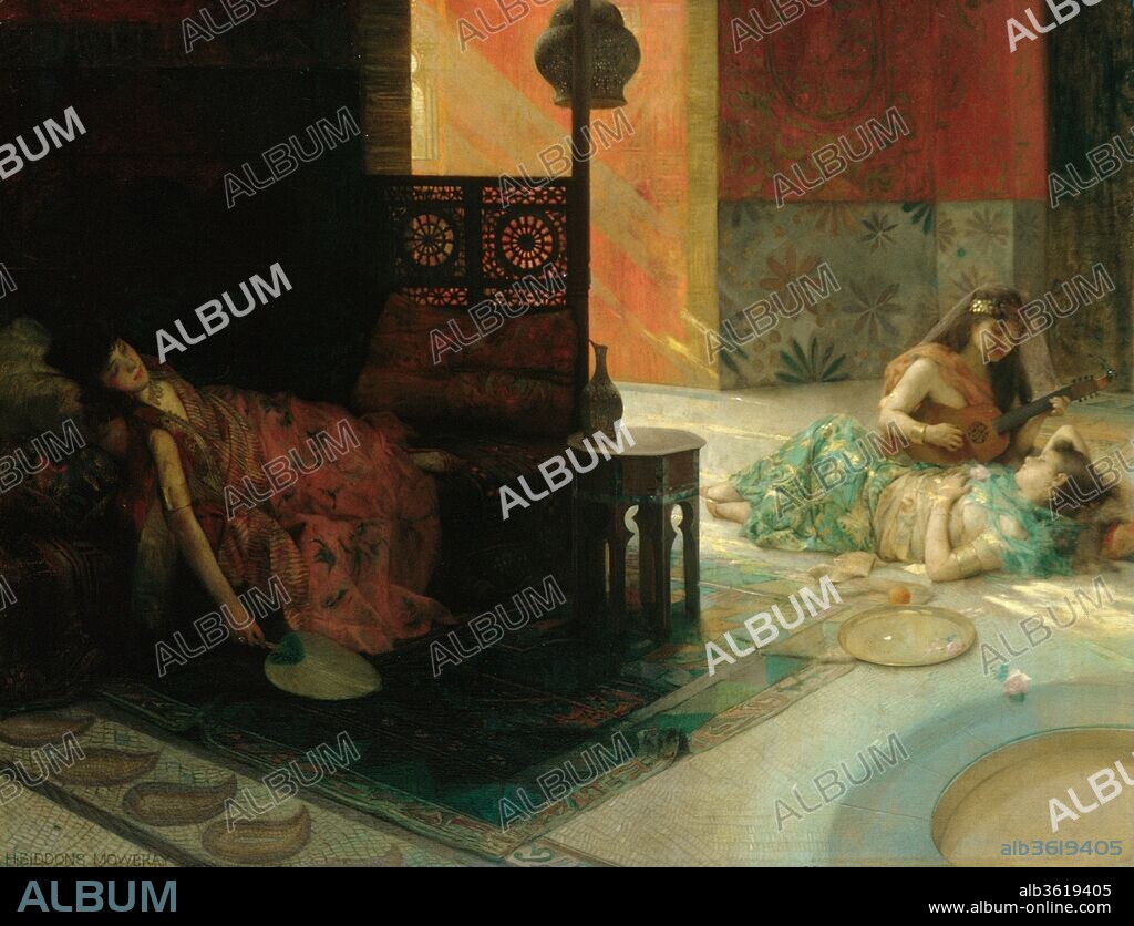 Harem Scene. Artist: Henry Siddons Mowbray (1858-1928). Dimensions: 17 x 22 in. (43.2 x 55.9 cm). Date: ca. 1884-1900.
Orientalist painters were intrigued by the secret world of women at the hammam, which was inaccessible to their Western male eyes. Paintings of the type present voluptuous female bodies in various stages of undress, sometimes accompanied by servants or entertainers. This scene likely imagines a private bath in a palace harem (women's quarters), evidenced in the water basin at the lower right corner, and mosaic floor at the lower left.