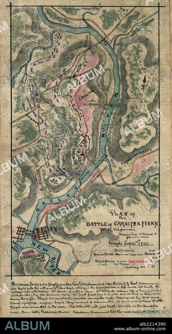 Carnifex Ferry is located on the Gauley River east of the town of Gauley Bridge. Floyd's Confederate forces are positioned with their backs to the Gauley River, and the Union is shown attacking chiefly in the center and on the left. The Union forces were fought under Genl. Benham and Capt. Hartsuff and Genl. Scammon. Col. Lytel [sic] with the 10th and 12th Ohio Regiments. charged the Rebel position in left centre. Col. Smith, the extreme right of the batteries. Col. Lowe directly in front. Col. McCook extreme left of Enemy's position. Col. Lytel [sic] lost a leg. Col. Lowe was killed. McCook fought from 6 to 9 PM. and all laid on their arms during the night. Floyd evacuated his position during the night, leaving all his tents and camp equipage, wagons, horses, large amount of ammunition, 16 guns and 50 head of cattle. Floyd was wounded in the arm. He retreated with great haste, 15 miles on the Charleston road, thence to the Green River. Benham's command lost most during the battle."-.