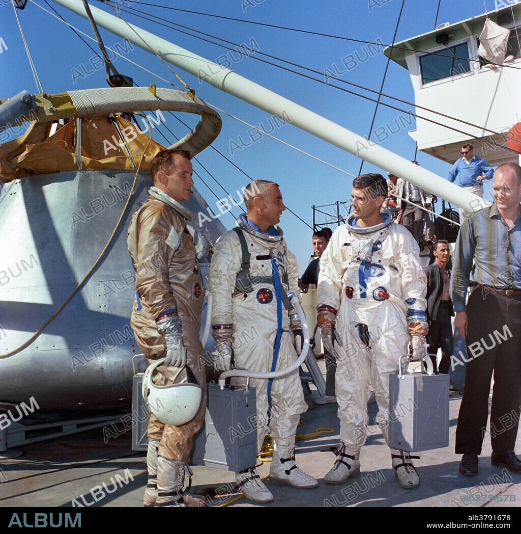The prime crew of the first manned Apollo Space Flight, Apollo/Saturn (AS) mission 204, is suited up aboard the NASA Motor Vessel Retriever (MVR) in preparation for Apollo water egress training in the Gulf of Mexico. Left to right, are astronauts Edward H. White II, senior pilot; Virgil I. Grissom, command pilot; and Roger B. Chaffee, pilot.