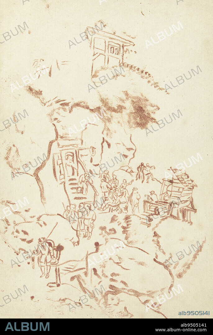 Bergwand with rock houses and a mountain path with figures, in the style of a Chinese drawing, Bergwand with rock houses Travel sketches made in India (series title)., draughtsman: anonymous, draughtsman: Cornelis de Bruyn, (rejected attribution), c. 1700, paper, chalk, h 272 mm × w 183 mm.