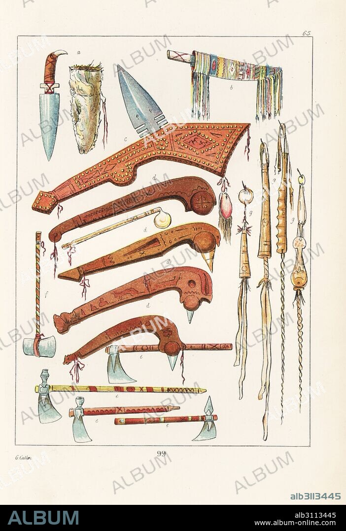 Weapons of the Native Americans: scalping knives and scabbards a,b, war clubs c, clubs d tomahawks and pipe tomahawks e, hatchet f and horse whips g. Handcoloured lithograph from George Catlin's Manners, Customs and Condition of the North American Indians, London, 1841.
