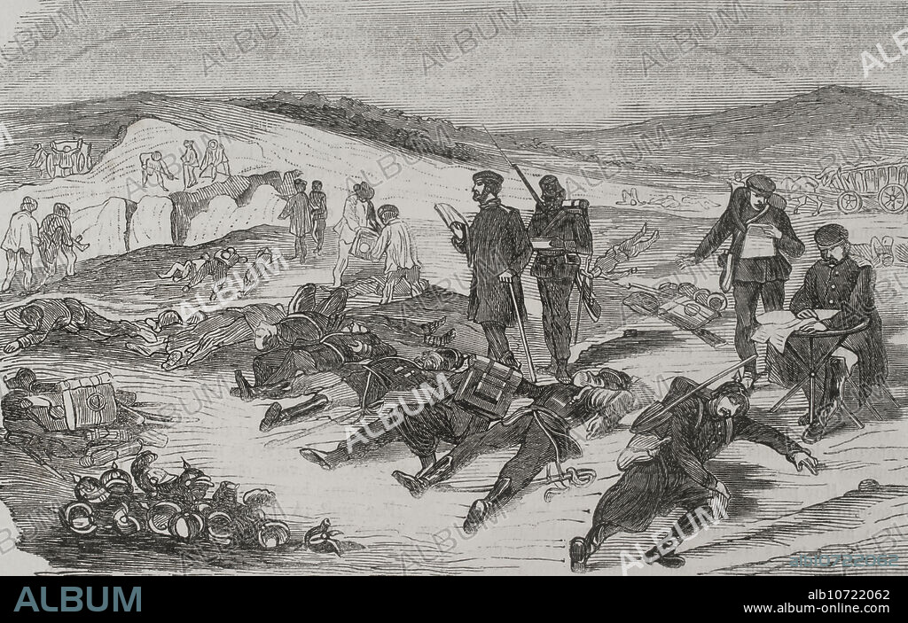 Guerra Franco-Prusiana (1870-1871). Batalla de Sedán (1 y 2 de septiembre de 1870). El ejército prusiano derrotó y capturó a la totalidad de las tropas franceses, incluso al propio emperador Napoleón III, quien participó en la batalla y rindió a su ejército. Enterramiento de cadáveres de soldados prusianos tras la batalla. Grabado. "Historia de la Guerra de Francia y Prusia". Tomo II. Publicado en Barcelona, 1871.