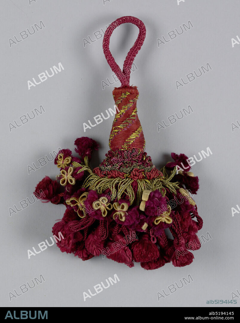 Tassel, Medium: silk, metal thread, wooden core, Skirt of red silk threads with tassels partly covered by gilt threads with red silk tassels and yellow silk ornaments. Collar of silk and metal thread in loops. Head, vase turned and covered with silk and metal threads in spiral design. Loop of red silk cord., Italy or Spain, late 17th century, trimmings, Tassel.