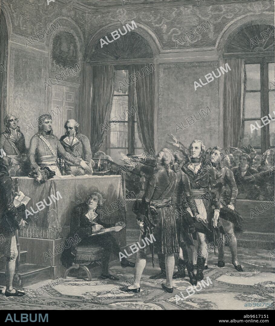 PETER AITKEN. 'Installation of the Council of State - (Bonaparte, Cambacérès, and Lebrun) at the Palace of the Little Luxembourg, December 25, 1799', (1896). The Conseil d'État (Council of State) under Napoleon Bonaparte (1769-1821) was seated at the Palais du Petit Luxembourg ('Little Luxembourg') in Paris, from 25 December 1799. Engraving after the painting by Louis-Charles-Auguste Couder. From Life of Napoleon Bonaparte, Volume II, by William Milligan Sloane. [The Century Co., Macmillan & Co., Limited, New York & London, 1896].