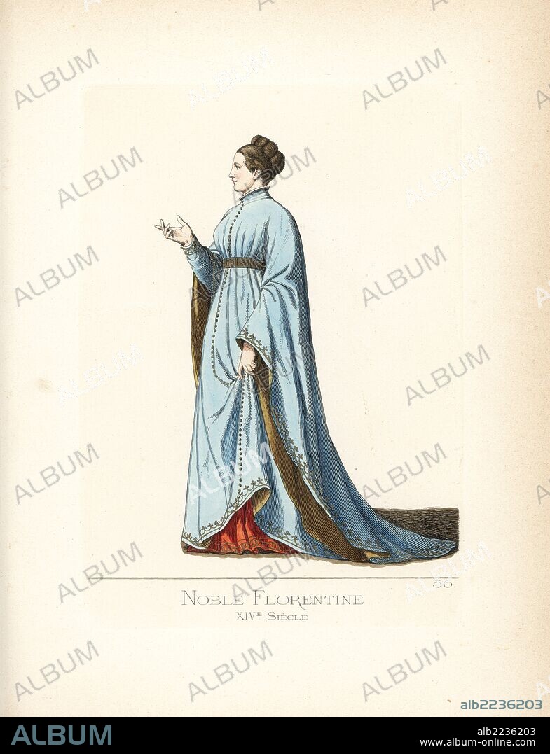Noble woman of Florence, 14th century. She wears her hair tied with black laces, blue simar embroidered in gold, yellow lining, scarlet robe, leather belt. From a painting to illustrate Boccaccio's Decameron by an artist of the Florentine school. Handcoloured illustration drawn and lithographed by Paul Mercuri with text by Camille Bonnard from "Historical Costumes from the 12th to 15th Centuries," Levy Fils, Paris, 1860.
