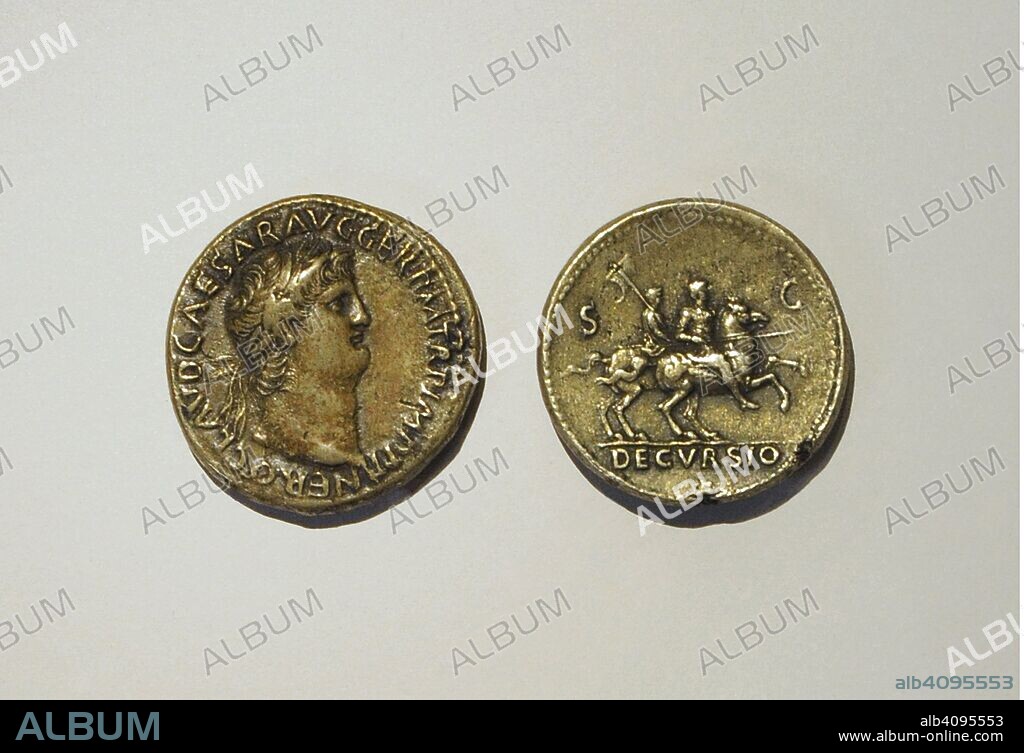 Sestertii coined by Nero. Left, 65 AD, bronze. Right, 64 AD, brass (orichalcum). From Rome (Italy). National Archaeological Museum. Madrid. Spain.