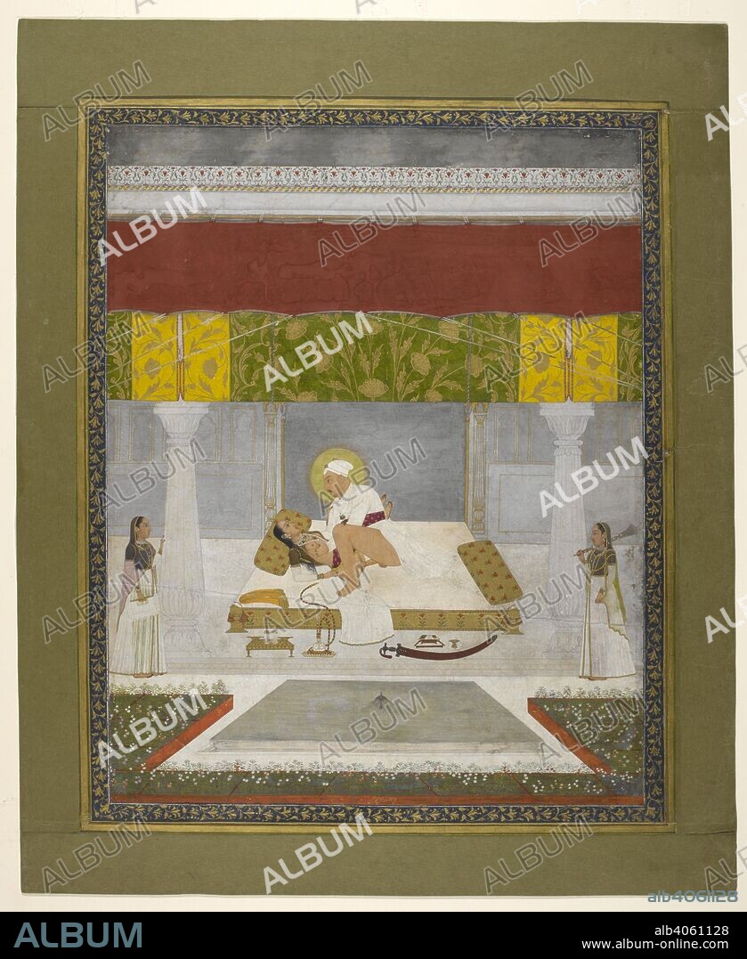 MUGHAL CHITARMAN. The emperor (Muhammed Shah) is making love upon a bed placed on a verandah before a fountain and pool, with two girl attendants standing on either side holding a 'morchal' and fan. There is a green halo about the emperor's head and he still wears his white jama and turban. Flowers are in the foreground, and the canopy and blinds above are decorated with gold flowers. c.1720-30. Opaque watercolour. Mughal/18th century style. Gouache; gilt-decorated and green borders added later. 390 by 308 mm; page 507 by 414 mm. . Source: J.66,1.