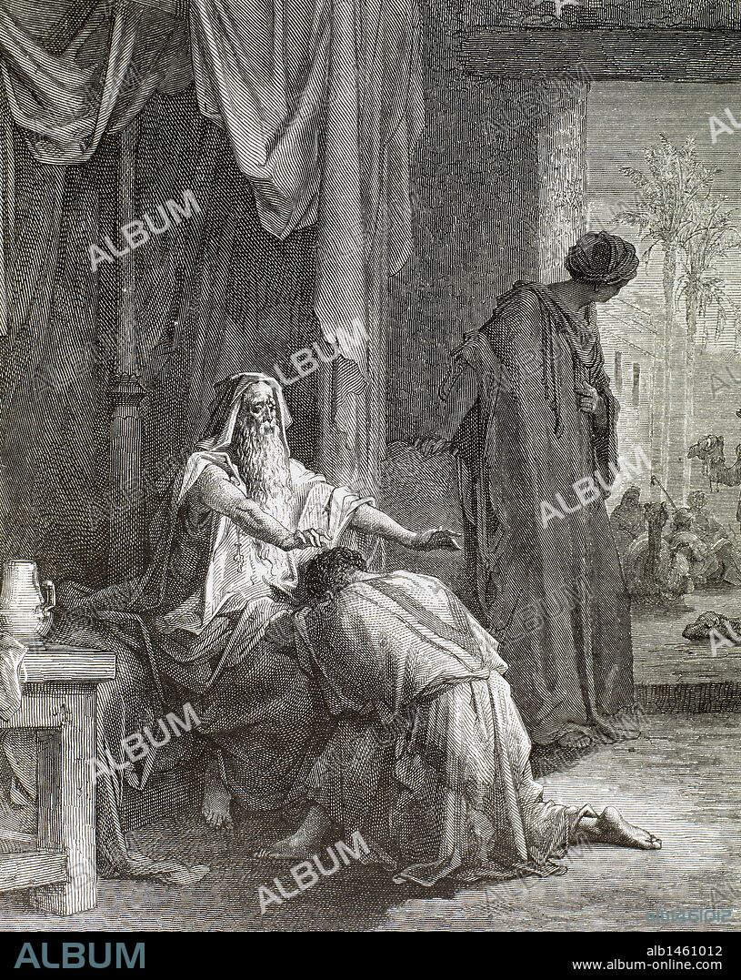 PAUL GUSTAVE DORÉ. ANTIGUO TESTAMENTO. LIBRO DEL GENESIS. ISAAC. Patriarca hebreo, hijo único de Abraham y Sara. "ISAAC BENDICE A SU HIJO JACOB Y LO ENVIA A MESOPOTAMIA". Grabado de Gustave Doré. S. XIX.