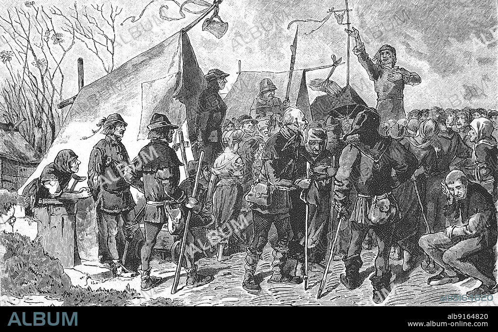 German Peasants' War, 1524-1526, Pfeiferhänslein preaches, Hans Böhm or Hans Behem, Pauker von Niklashausen (born around 1458) (died 19 July 1476) also known as Pfeifer von Niklashausen, Pfeiferhannes, Pfeiferhänslein or Henselins was a cattle herder, musician, preacher and initiator of the Niklashäuser pilgrimage of 1476, Germany, Historic, digitally restored reproduction of an original from the 19th century, exact original date not known