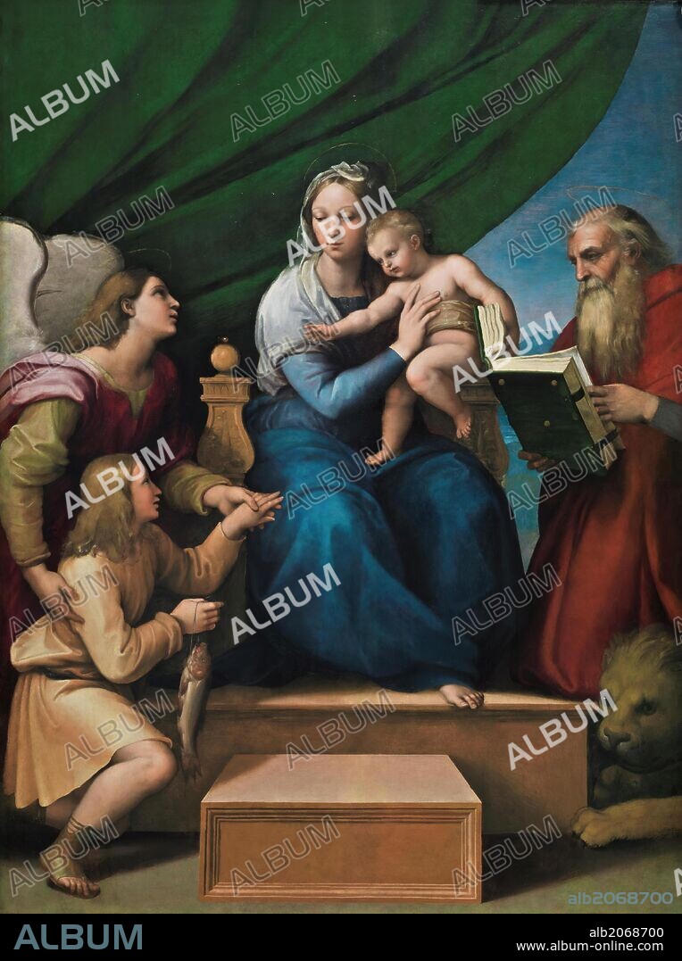 RAPHAEL. Rafael / 'Sagrada Familia con Rafael, Tobías y San Jerónimo, o  Virgen del pez', 1513-1514, Escuela Italiana, Óleo sobre Tabla, 215 cm x 158 cm, P00297.