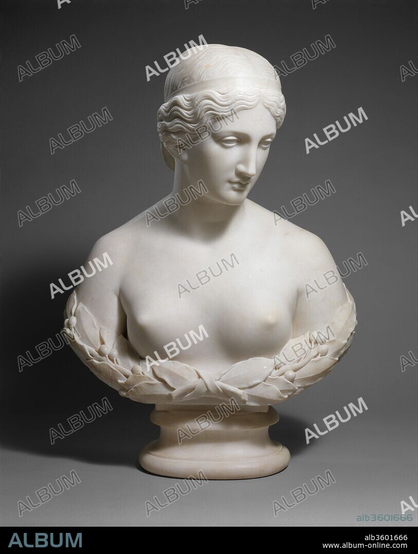 Daphne. Artist: Harriet Goodhue Hosmer (1830-1908). Dimensions: 27 1/2 x 19 5/8 x 12 1/2 in. (69.9 x 49.8 x 31.8 cm). Date: 1853, carved 1854.
In Greek mythology, Apollo's first love was Daphne, a nymph who shunned marriage and vowed perpetual virginity. Fleeing the god, Daphne prayed for help and was transformed into a laurel tree just as he was about to overtake her. Rather than depicting the dramatic moment of escape, Hosmer modeled a serene image and symbolized Daphne's metamorphosis by terminating the bust in laurel branches. The work is true to Hosmer's Neoclassical training in Rome, where she was one of a number of active American women sculptors.