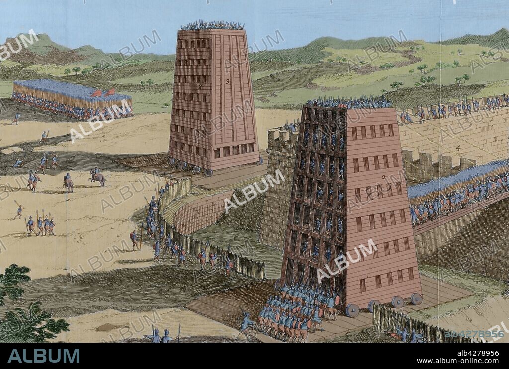 Torres de asedio con ruedas y puente utilizadas por el Emperador del Sacro Imperio Romano Germano, Federico II (1194-1250), durante el asedio de la ciudad de Jerusalén (Sexta Cruzada). Grabado coloreado. Historia de Polibio. Tomo II. Edición francesa traducida del griego por Dom Vincent Thuillier. Comentarios o textos de ciencia militar enriquecidos con notas críticas e históricas por M. de Folard. París, chez Pierre Gandouin, Julien-Michel Gandouin, Pierre-François Giffart y Nicolas-Pierre Armand,1727. Imprenta de Jean-Baptiste Lamesle.