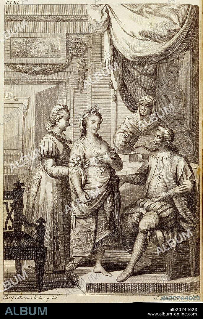 MIGUEL DE CERVANTES SAAVEDRA. Novelas ejemplares - Engraving - Edition of 1783. Novelas ejemplares - Grabado al aguafuerte - Edicion de 1783. 18th century. Madrid, National library.