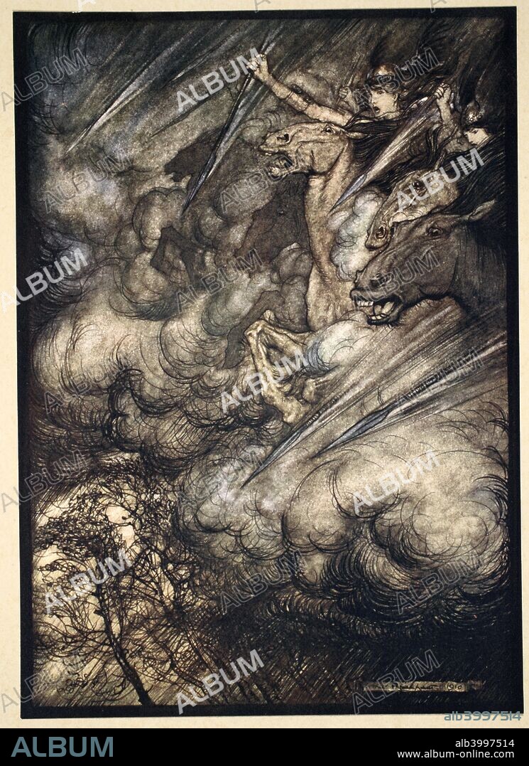 'The ride of the Valkyries', 1910. Illustration from 'The Rhinegold and the Valkyrie', 1910. The Valkyries flee from Wotan's wrath at Brunnhilde's misdemeanour. Private collection.