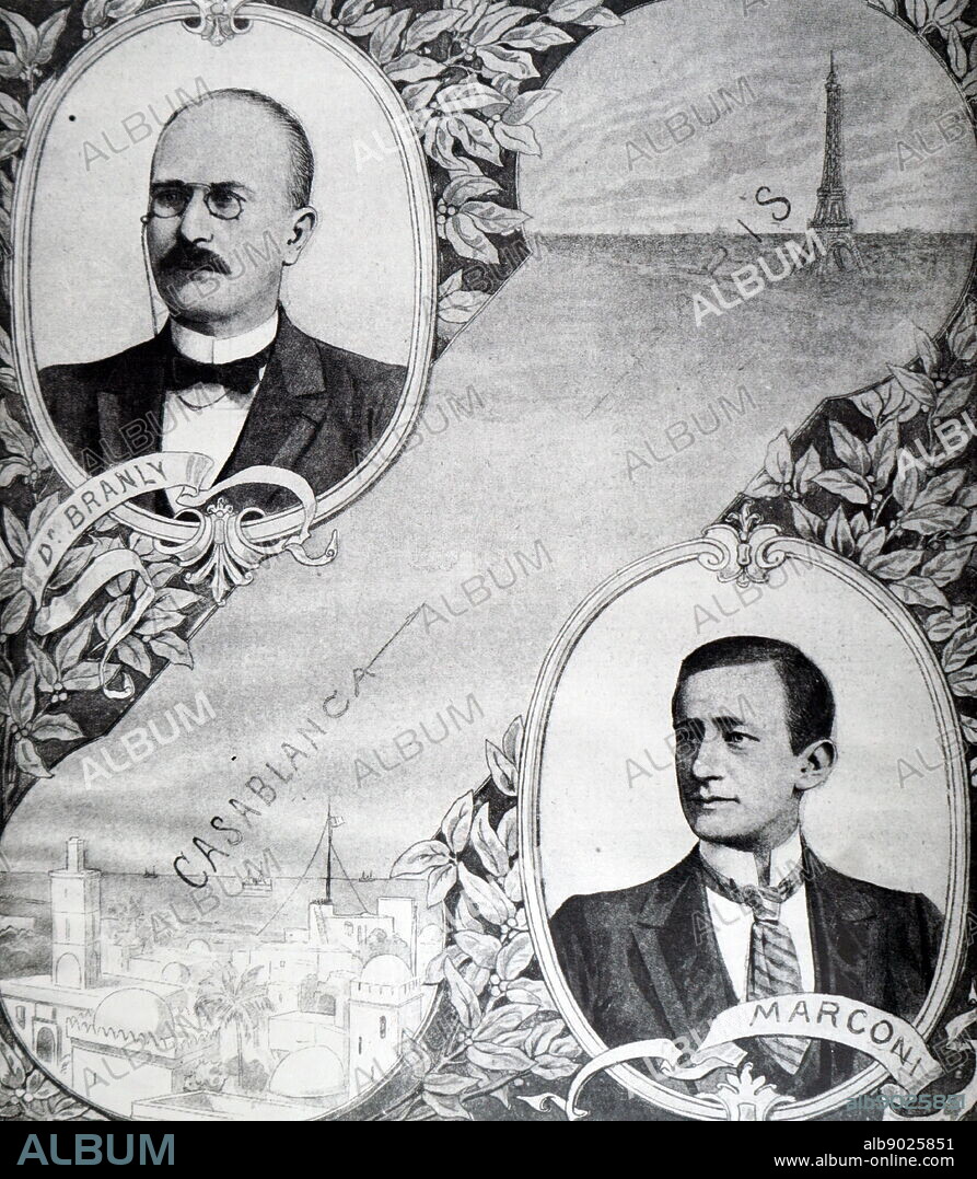 Illustration depicting Édouard Branly (1844-1940) and Guglielmo Marconi (1874-1937) the two men responsible for the wireless telegraph link between Paris and Casablanca. Dated 20th century.