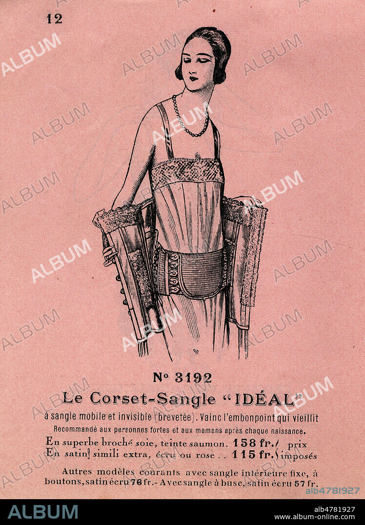 'Le corset-sangle Ideal'. Page de catalogue des corsets Paquerette vers 1920. Illustration anonyme. Credit : Collection IM/KHARBINE-TAPABOR.