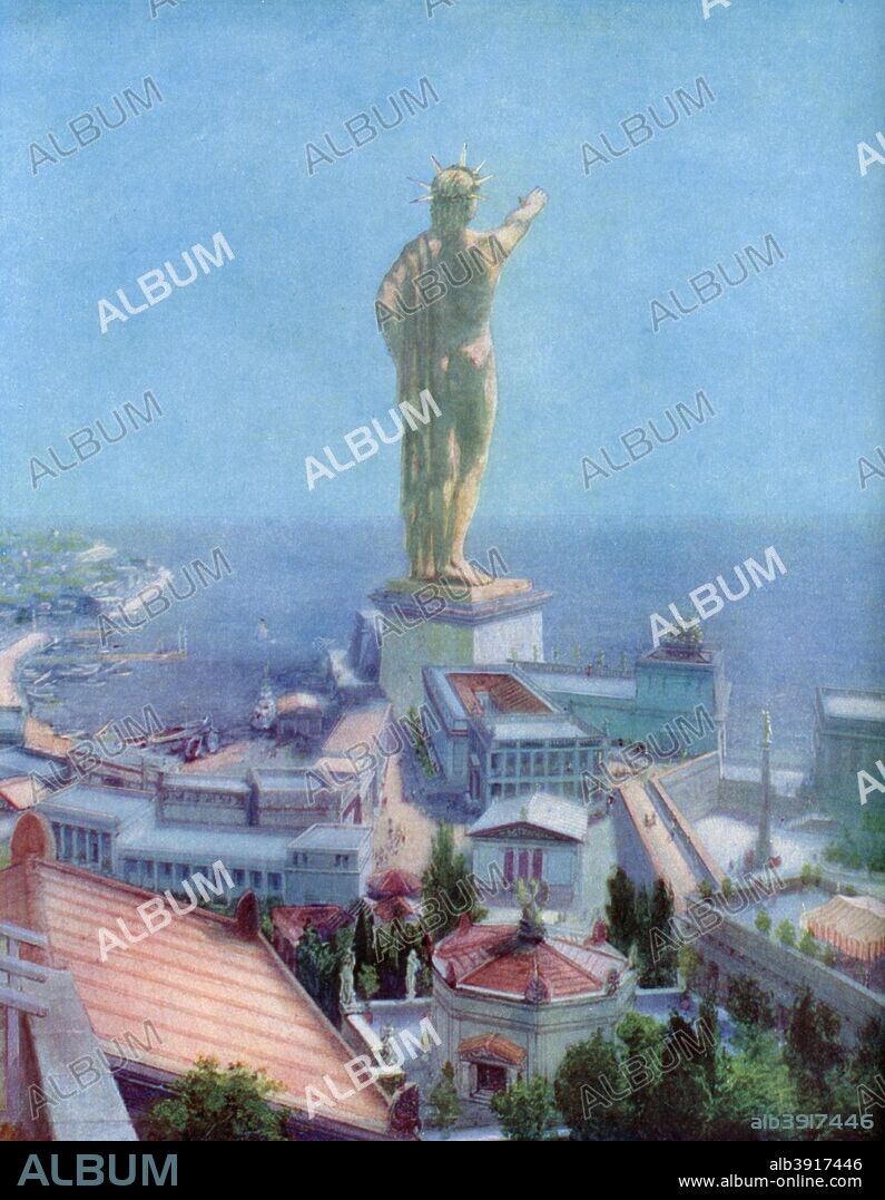 The Colossus of Rhodes, Greece, 1933-1934. The Colossus of Rhodes was a colossus of the Greek god Helios, erected on the Greek island of Rhodes by Chares of Lindos between 292 and 280 BC. It is considered one of the Seven Wonders of the Ancient World. Before its destruction, the Colossus of Rhodes stood over 30 metres (107 ft) high, making it the tallest statue of the ancient world. From Wonders of the Past, volume II, 1933-1934.