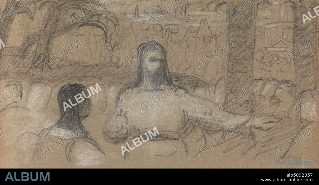 Study For, Christ's Entry into Jerusalem, Benjamin Robert Haydon, 17861846, British, 1814 to 1820, Black chalk and white chalk on moderately thick, slightly textured, brown, wove paper, Sheet: 5 3/4 × 10 9/16 inches (14.6 × 26.8 cm), buildings, crowd, men, pointing, religious and mythological subject.