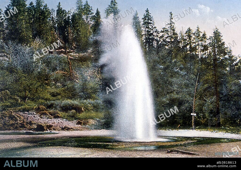 Postcard of Economy Geyser photographed by Frank J. Haynes, no date. Economic Geyser is a geyser in the Upper Geyser Basin. Economic Geyser is a small, usually inactive geyser located between the Giant Geyser group and the Grand Geyser group. Economic Geyser was once a popular, frequently-erupting geyser until it became essentially dormant in the 1920s. Economic Geyser is believed to be named for its behavior during its active days. It is reported that most of the water ejected drained back into the vent after the eruption, thus making the geyser appear to conserve its water. It was most likely named by Frank Jay Haynes, the park photographer from 1883-1916. Yellowstone National Park is a national park located primarily in the state of Wyoming, although it also extends into Montana and Idaho.