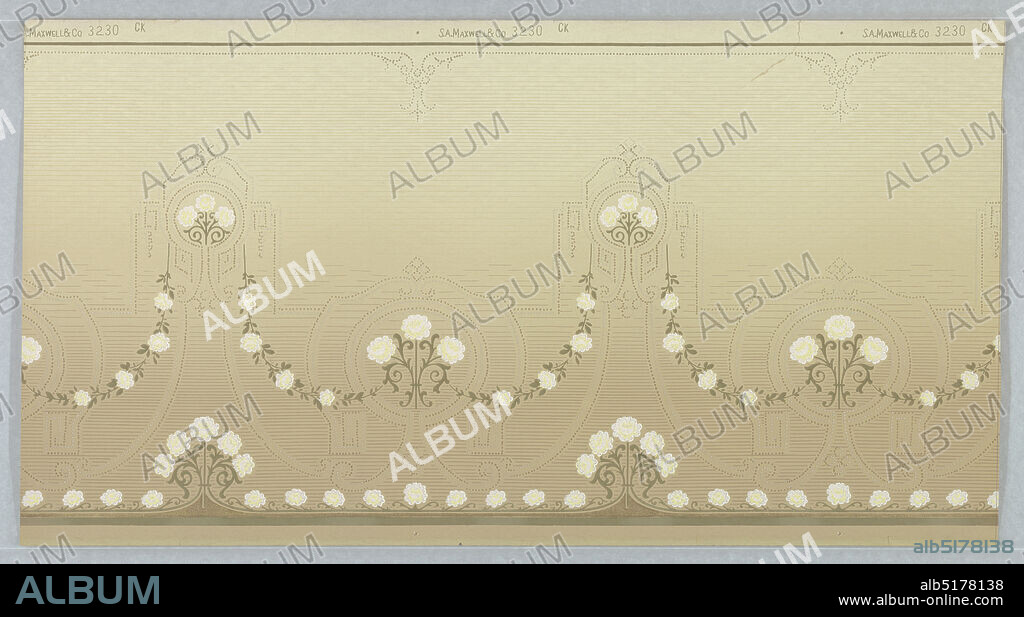 Frieze, S.A. Maxwell & Co., Machine-printed paper, A repeating design reminiscent of a hand mirror containing a three-flower group framed by four circles of dots contained within a dotted curved border. Connected by garlands and dotted curves to complementary design on an irregular striated background within bottom borders of garlands and horizontal stripes and top borders of dotted ornament. Printed in white, pale yellow, blue-green, gold, taupe and beige., USA, 19051915, Wallcoverings, Frieze.